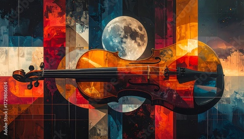 A stylized illustration featuring a violin centered against a backdrop of colorful geometric shapes and a large, full moon