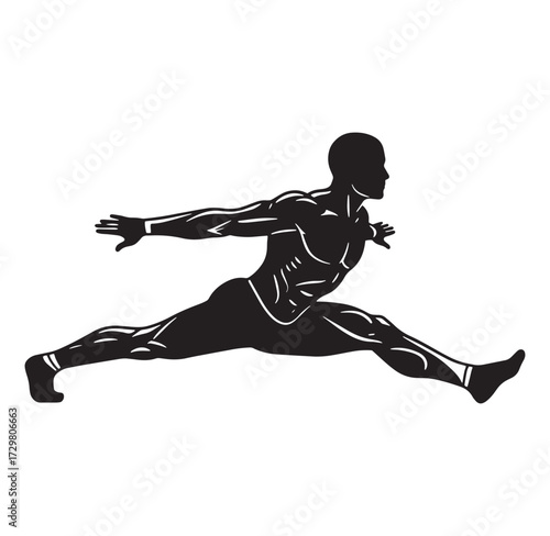 Silhouette of a muscular man performing a jump in a dynamic and athletic pose.