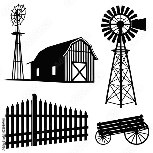 Illustration of rural farm elements including a barn, windmills, fence, and wagon, depicting a rustic countryside scene with agricultural charm