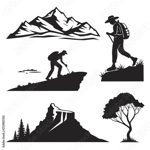 A striking monochrome illustration captures the essence of hiking and mountaineering, featuring hikers amidst majestic mountains and trees