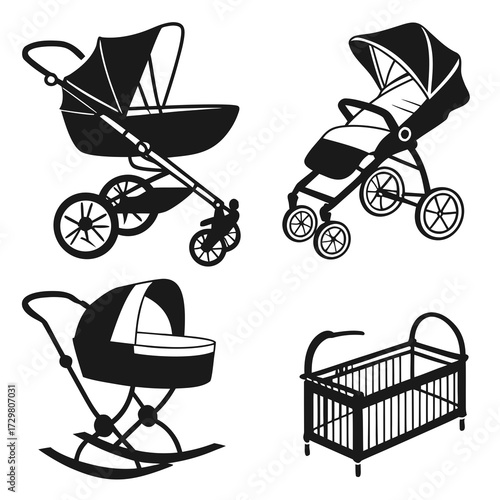Set of baby carriages and crib collection of different types of strollers for newborns baby transport vector illustration in flat style