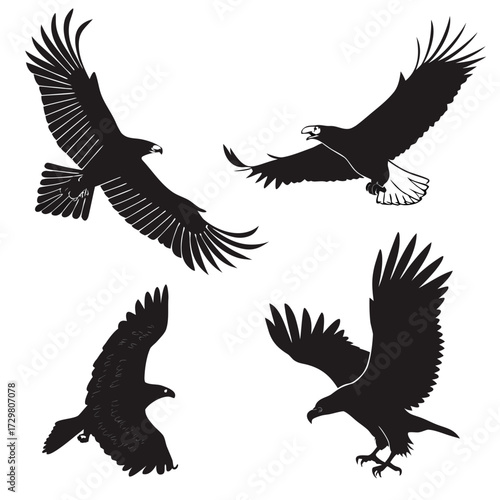 A dynamic collection of eagles in various flight poses, showcasing their power and grace in a striking, graphic silhouette style illustration