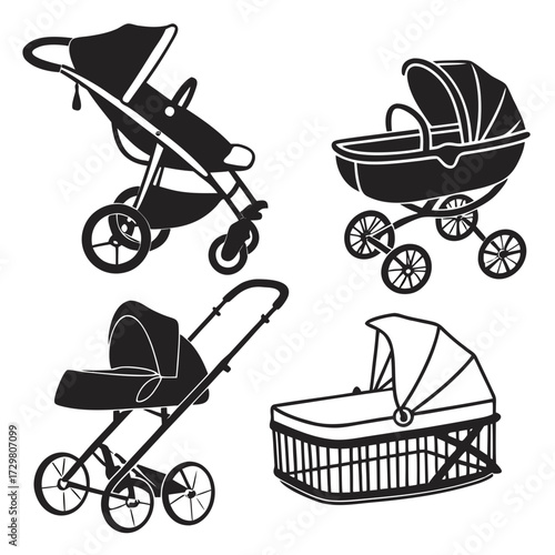 Four different styles of baby strollers includes a modern stroller, a classic pram, and a bassinet perfect for illustrating baby products and parenting