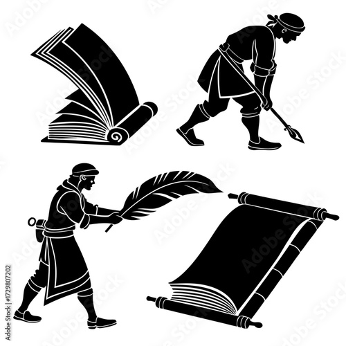 A captivating silhouette illustration showcases ancient scribe, book, and scroll, , capturing the essence of history, knowledge, and ancient civilizations