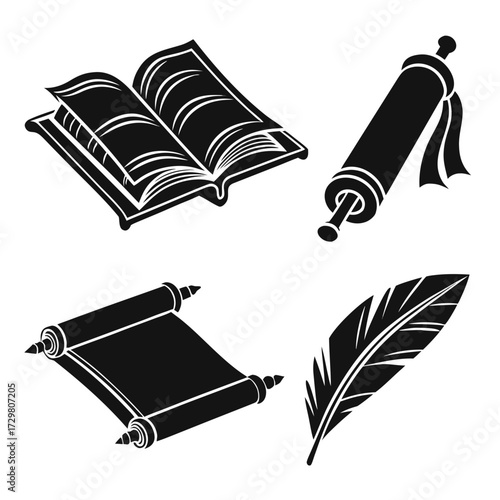 A captivating silhouette illustration showcases ancient book, scroll, and feather, , capturing the essence of history, knowledge, and ancient civilizations