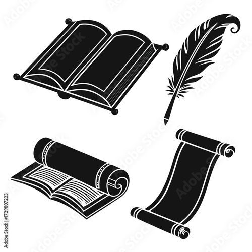Collection of ancient writing tools and documents open book, feather pen, rolled papyrus and scroll in black silhouette style for history or education design