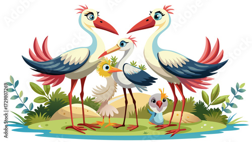 Cartoon illustration of a stork family standing in a grassy wetland area