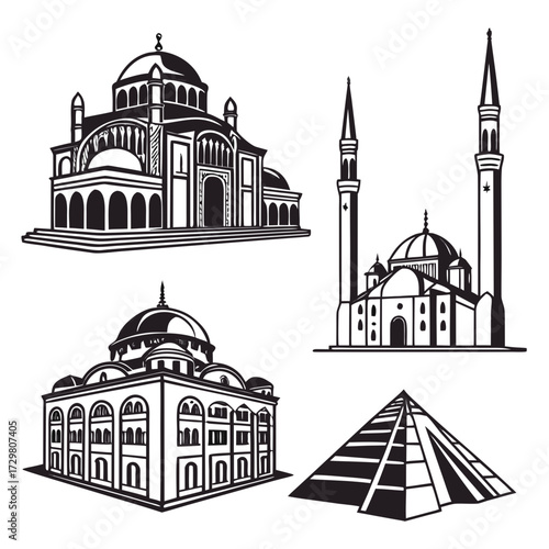 Collection of architectural landmarks, showcasing diverse cultural heritage and iconic structures from around the world in a monochrome design