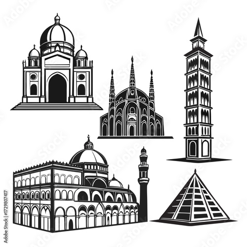 Collection of architectural landmarks, showcasing global cultural heritage and iconic structures in a monochrome vector design, ideal for travel and history themes