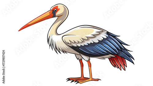 Illustration of a beautiful stork bird with red beak and blue wings