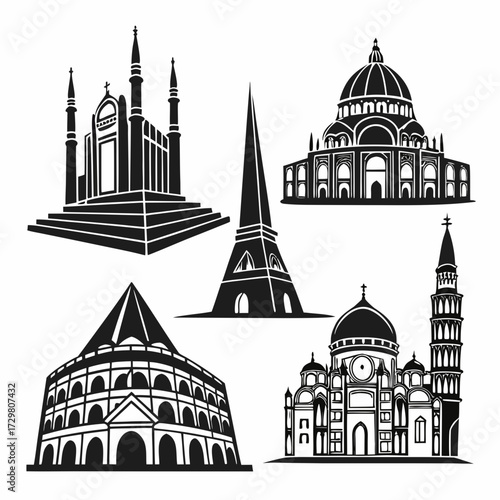 Architectural silhouettes, showcasing iconic global landmarks, including churches, towers, and domes, in a striking black and white vector design