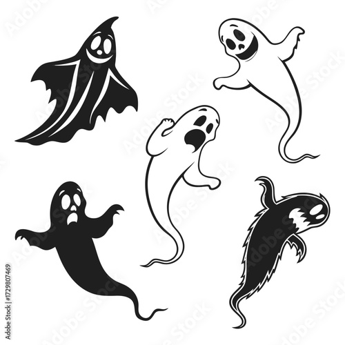 A collection of spooky cartoon ghosts, perfect for halloween designs, invitations, or decorations, these friendly specters bring a playful vibe