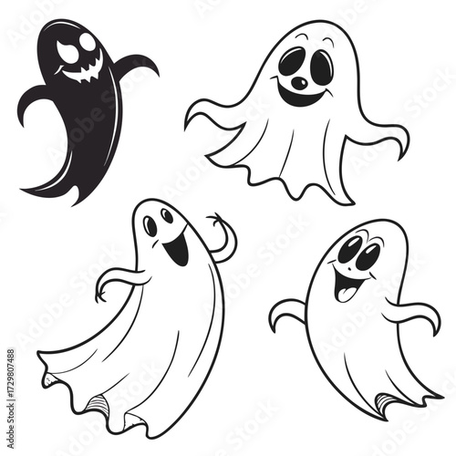 A spooky collection of cartoon ghosts, perfect for halloween decorations, invitations, or storybooks, these friendly specters bring a playful, not scary, vibe