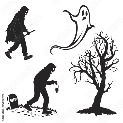 Eerie halloween night scene with ghostly apparitions, shadowy figures, and a gnarled tree, evoking a sense of mystery and suspenseful adventure