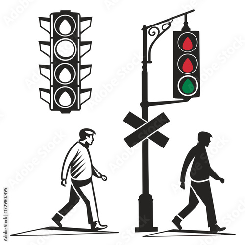 Urban pedestrian crossing scene with traffic lights and walking figures, depicting city life, safety, and the rhythm of daily commutes