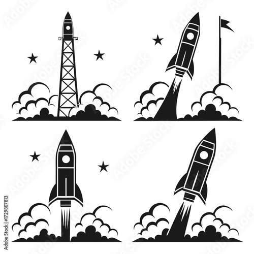 Set of four rocket launch illustrations, depicting various stages of liftoff with smoke and stars, perfect for space exploration and technology themes