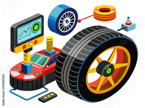 Isometric tire service workstation with diagnostic equipment, tires, and tools illustrated