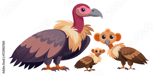 Cartoon illustration of a family of vultures with distinct and colorful plumage