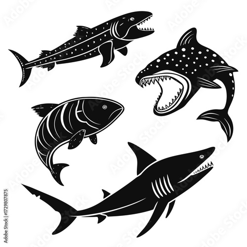 A collection of four prehistoric fish silhouettes, showcasing various species with distinct features, all depicted in black against a white backdrop
