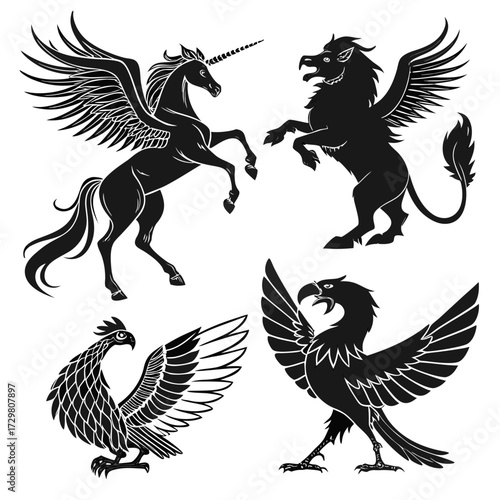 A set of four mythical creature silhouettes, featuring a unicorn, griffin, and other winged beasts, all rendered in black against a clean backdrop