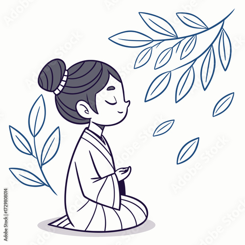 A serene cartoon illustration of a young woman meditating peacefully under a leafy branch, she is sitting crosslegged with her eyes closed, radiating tranquility