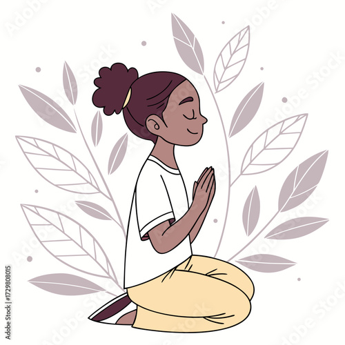 A charming illustration of a young woman kneeling in prayer amidst stylized leaves, a peaceful depiction of gratitude and reflection