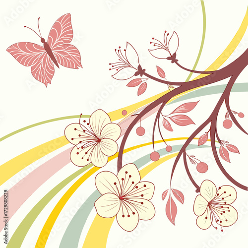 A delicate illustration featuring a pink butterfly gracefully fluttering near a blossoming branch, set against an with soft pastel hues and gentle curves