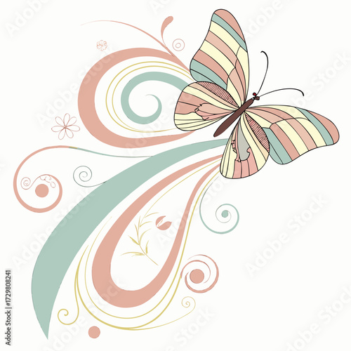 A stylized illustration featuring a butterfly with striped wings, gracefully fluttering amidst swirling abstract designs, set against an with muted tones
