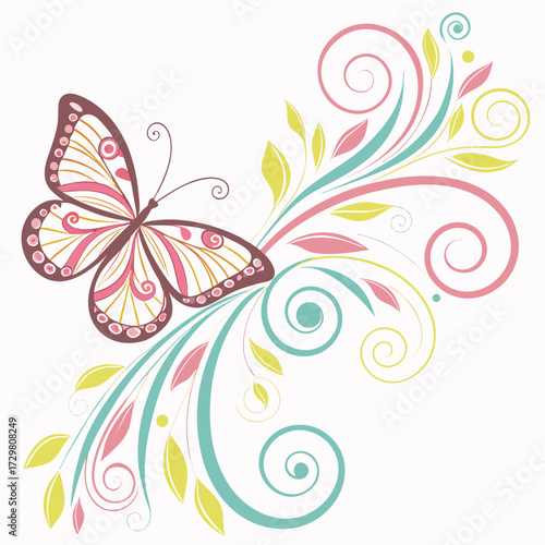 A whimsical illustration featuring a butterfly with intricate patterns, gracefully fluttering amidst swirling floral designs, set against an with vibrant colors