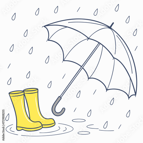 A charming line art illustration depicts a white umbrella and yellow rain boots standing in a puddle, surrounded by falling raindrops, creating a cozy rainy day scene