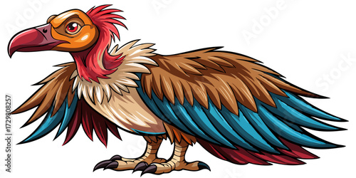 Cartoon Vulture Illustration with Brown, Blue, Red and Tan Feathers