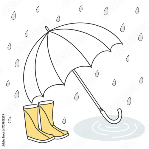 A delightful line art illustration showcases a white umbrella and yellow rain boots near a puddle, with raindrops falling, capturing the essence of a rainy day