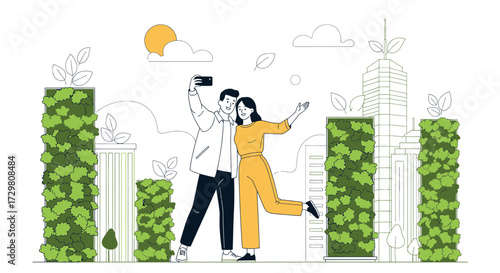 Couple taking a selfie in a green city, promoting environmental awareness with greenery