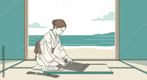 Elegant Japanese woman weaves traditional blinds with a serene coastal view backdrop providing a