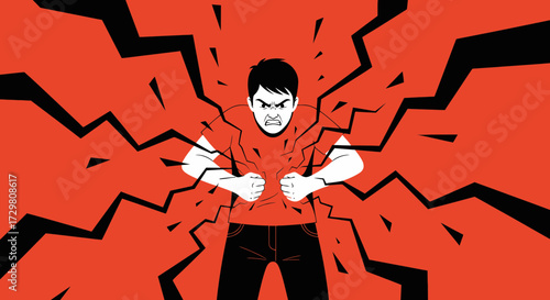 Expressive Illustration of a Furious Man Breaking Through Walls with Intense Anger