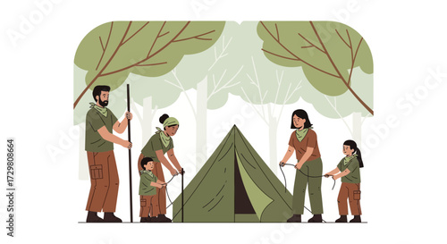 Family teamwork on a camping trip setting up the tent together in the forest scene