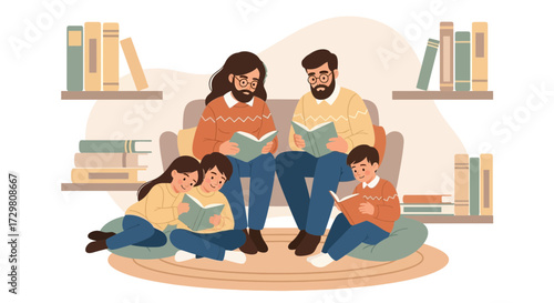 Family reading together at home, creating a warm and educational atmosphere for children