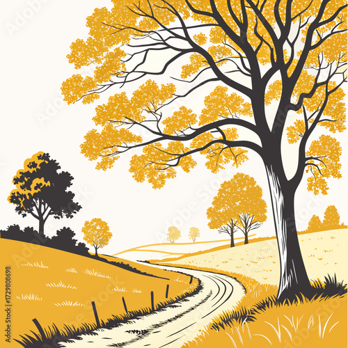 A serene autumn landscape featuring a winding dirt road leading through rolling hills adorned with golden trees, creating a peaceful and inviting scene