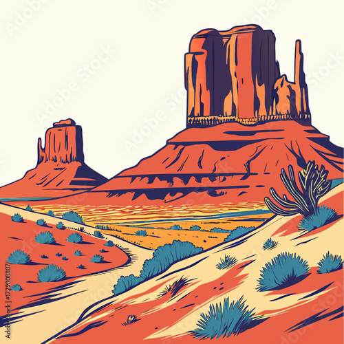 A vibrant cartoon illustration portrays monument valley with its towering buttes, desert vegetation, and a winding path under a clear sky, capturing the beauty and grandeur of the landscape