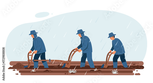 Farmers working in the rain, agricultural scene depicting traditional plowing methods and rainy