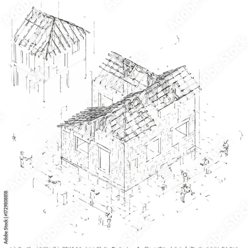 An intricate black and white architectural drawing showcases the complex isometric design of a house under construction, highlighting its structural elements and building phases.