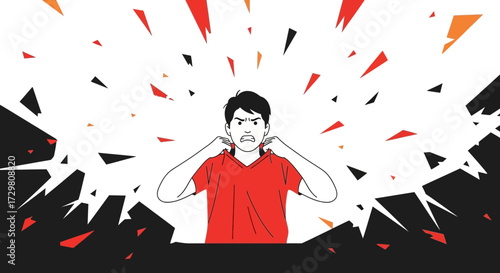 Frustrated man pulling collar expressing anger with shattered geometric background illustration