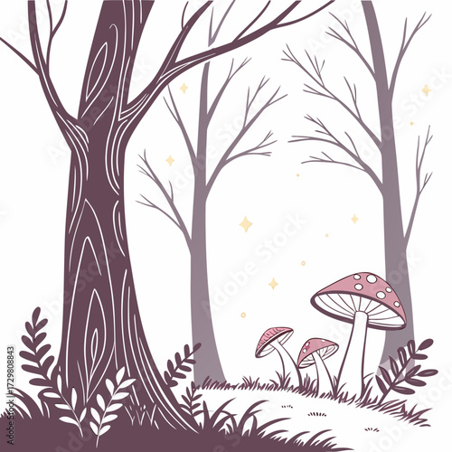 A whimsical cartoon illustration depicts a serene forest scene with tall trees and charming mushrooms, creating a magical and enchanting atmosphere