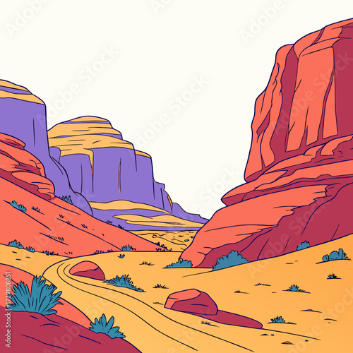 A vibrant cartoon illustration showcases a winding road through a desert canyon, with towering red rock formations and sparse vegetation under a clear sky, creating a sense of adventure