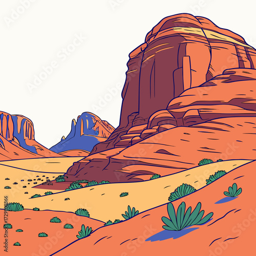 A vibrant cartoon illustration showcases the iconic monument valley landscape, with its towering sandstone buttes and mesas under a clear sky
