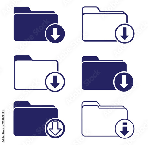 Six computer file folders with download arrows representing data transfer icons