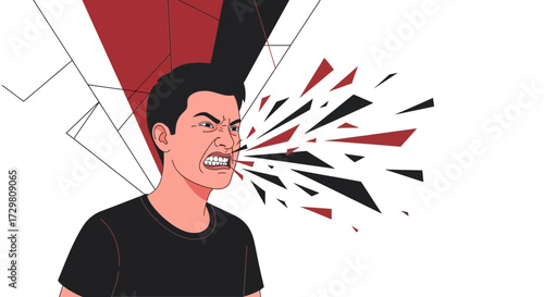 Illustration depicting a man expressing anger and shouting aggressively with abstract elements