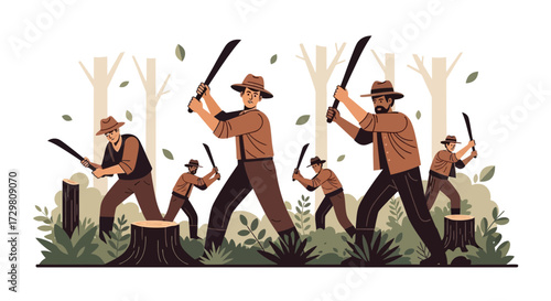 Illustrated deforestation scene with lumberjacks cutting down trees using machetes for wood