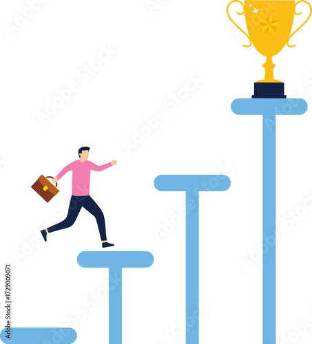 Businessman running along the steps to the trophy, the process of success

