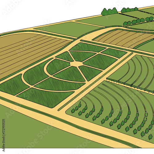 An aerial view of a sprawling formal garden, revealing intricate geometric layouts, lush greenery, and winding pathways, showcasing the artistry of landscape design